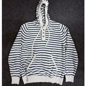 Criquet Mens M Striped Knit Hoodie Sweater Pullover Blue White Button Henley